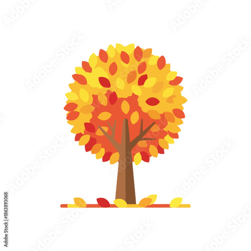 Vibrant Autumn Tree with Falling Leaves, Flat Design