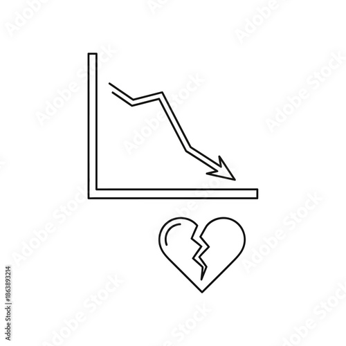 Falling Downward Trend Line with Broken Heart Icon for Relationship Breakup Concept