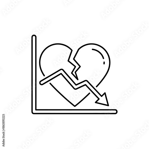 Digital Illustration of a Broken Heart with Declining Arrow Showing Heartbreak and Sadness