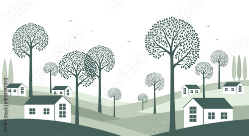 Minimalist landscape illustration in shades of green featuring simple houses nestled among rolling hills and tall leafy trees under a clear sky.