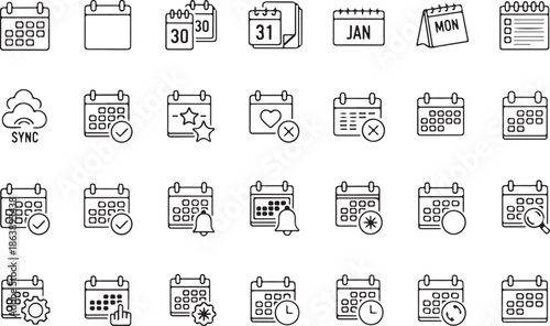 Editable Line Icon Set of Calendar Featuring Date, Schedule, Month, Week, Day, Appointment, Agenda, Organization, Event, Time, Planning, and Clock – Vector Illustration eps