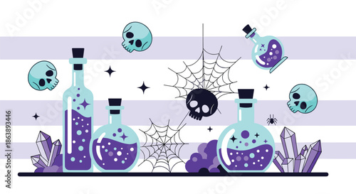 Spooky halloween scene with purple potion bottles, glowing skulls, spiderwebs, and crystals on a light purple and white striped background.