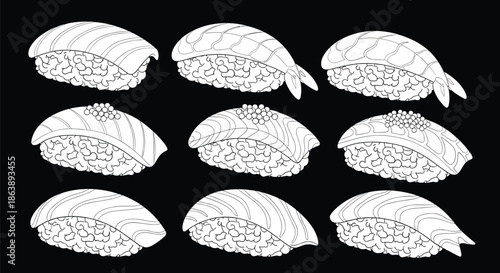 Detailed black and white line art illustration of various sushi pieces like nigiri with salmon and shrimp arranged on a solid black background.