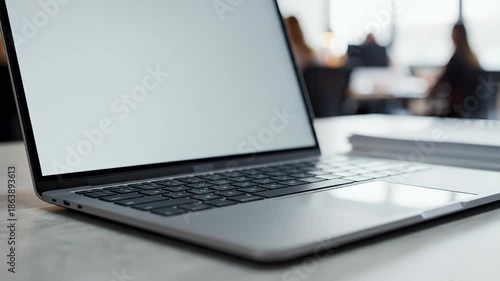 Modern laptop on a wooden desk in a blurred office setting showcasing a blank screen ready for design work presentations or digital content creation