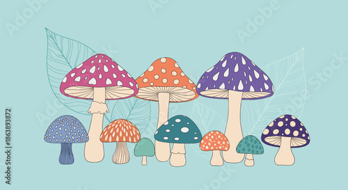 Whimsical line of various colorful mushrooms like fly agaric in pink, orange, purple, and blue against a light blue background with leaves.