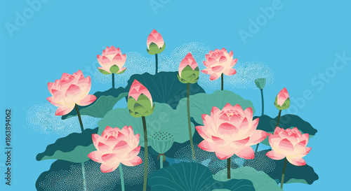 Beautiful cluster of pink lotus flowers and buds with large green leaves on a blue water background featuring a textured stippled effect.