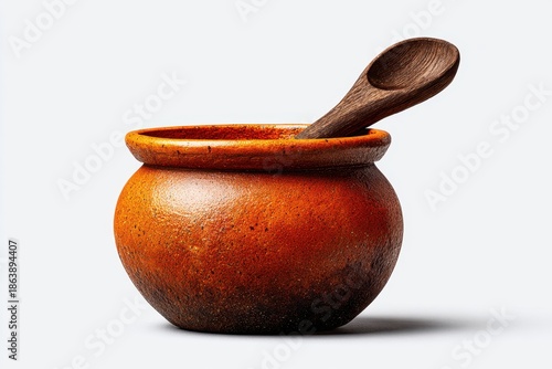 Culinary craft clay pot with wooden spoon isolated kitchen setting still life