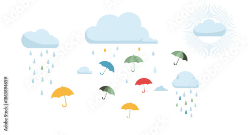 Cheerful rainy day illustration features colorful umbrellas and blue clouds with raindrops on a clean white background.