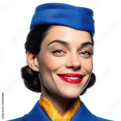 Bright airplane cabin portrait classic flight attendant close-up with aviation charm