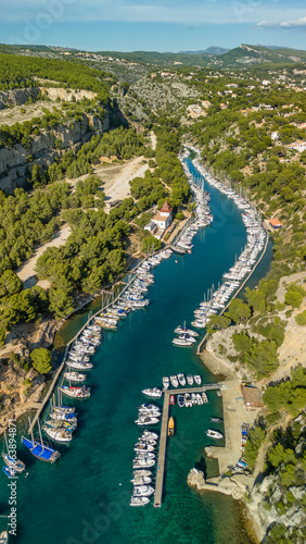 Aerial view of Calanque de Port Miou on the Mediterranean coast near Cassis town, France