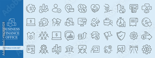 Business, Finance, and Office Outline Icon Set , Corporate, Accounting, Banking, Office Management, and Startup Essentials Vector Pack