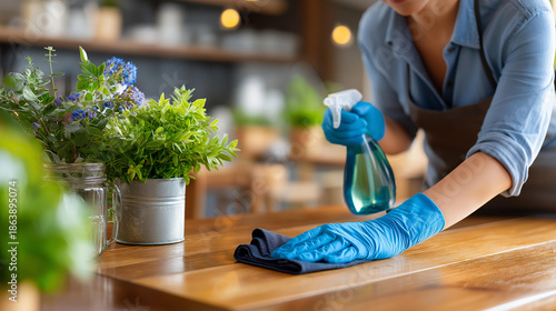 Wallpaper Mural Young woman wearing blue gloves wiping down kitchen table faceless, rag while holding spray bottle, fresh inviting cooking atmosphere, defocused background, with copy space Torontodigital.ca