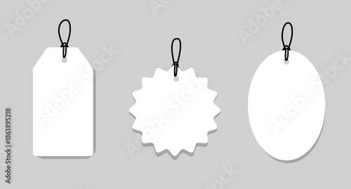 Set blank white paper price tags or gift tags. Paper labels with cord. Set template shopping labels with shadow - stock vector.