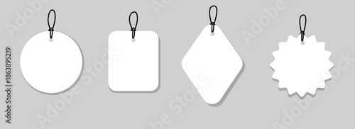 Set blank white paper price tags or gift tags. Paper labels with cord. Set template shopping labels with shadow - stock vector. 