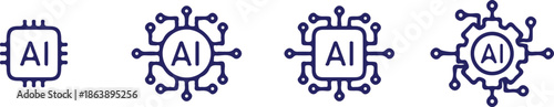 artificial intelligence ai processor bule line four chip icon set vector illustration 
