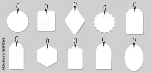 Set blank white paper price tags or gift tags. Paper labels with cord. Set template shopping labels with shadow - stock vector. 