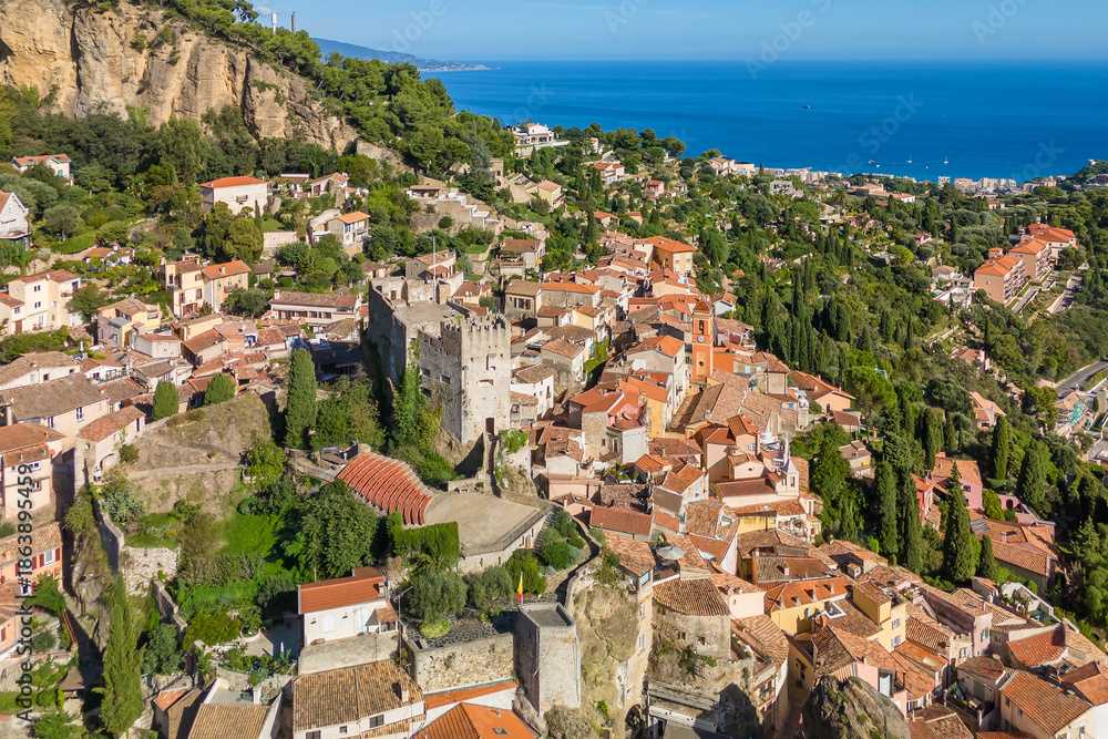 Fototapeta premium Aerial view of the medieval village of Roquebrune-Cap-Martin in French Riviera