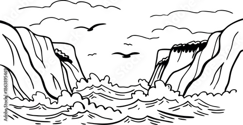 Minimalist Ocean Cliffs and Waves Line Art Illustration