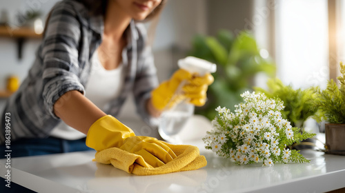 Wallpaper Mural Woman wearing yellow rubber gloves wiping down white kitchen table faceless, sunlit room filled with greenery and white flowers, clean home environment, defocused background, with Torontodigital.ca