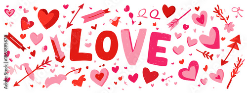 LOVE text seamless pattern with red hearts St. Valentine's day  banner isolated on white background 