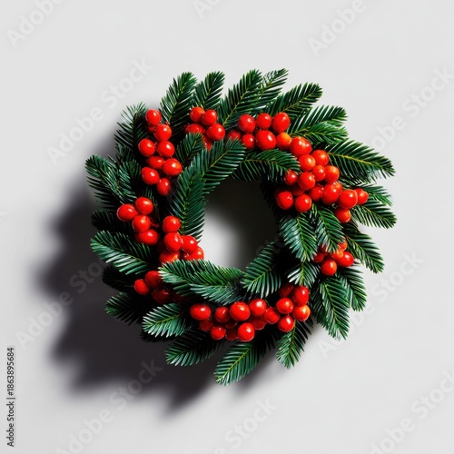 Close-up of holiday wreath pine leaves and berries for a festive home decor