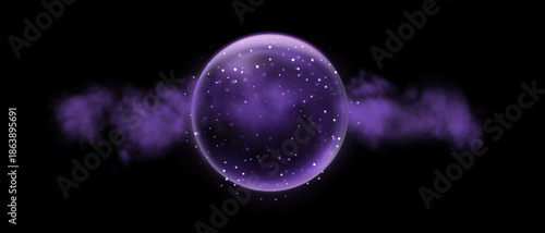 Purple magic fantasy sphere. Crystal ball with glowing sparkles and particles. Energy orb with glow flare light effect. Isolated on transparent background. Vector illustration.