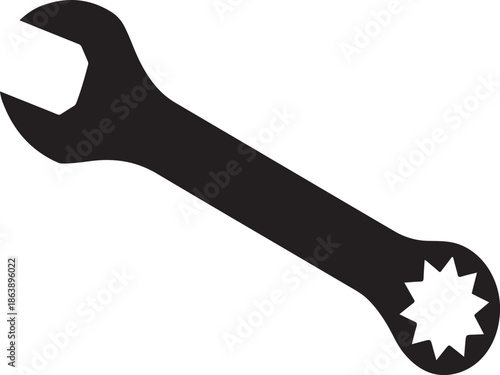 Black and white wrench with star-shaped end and open jaw tool
