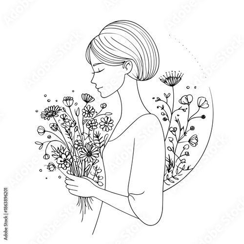 girl with flowers hand drawn vector illustration 