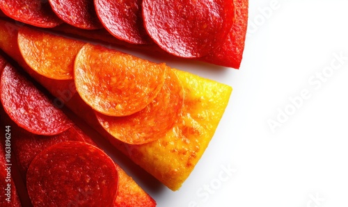 Delicious slices of pepperoni pizza on white background food photography isolated view