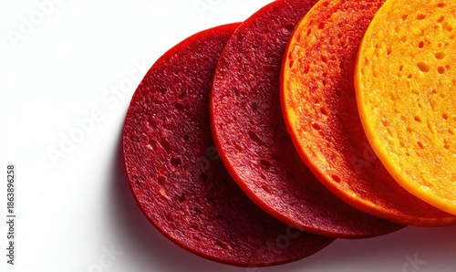Colorful slices of pepperoni pizza on white background - gourmet food photography