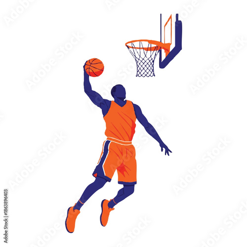 Basketball Player Dunking Ball into Hoop.