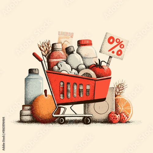 shopping cart full of groceries vector illustration