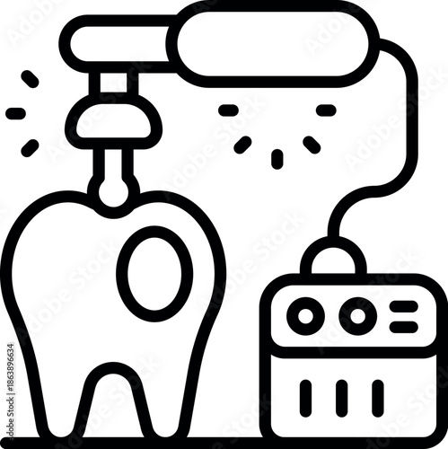 Tooth cavity being filled using a modern dental drill machine connected to an electronic device
