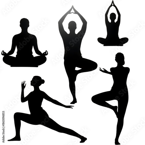 Zen Silhouette Poses: Various silhouettes of individuals are engaged in meditative yoga, each embodying serenity and equilibrium in distinct yoga poses.