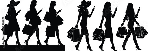 Silhouette set of stylish women carrying holiday shopping bags and using phones