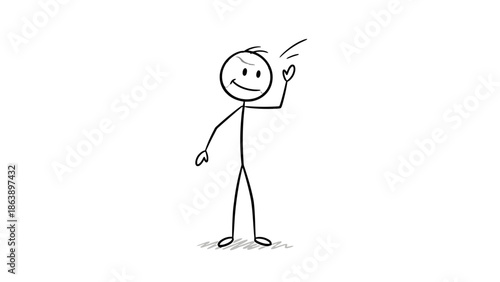 Happy Stick Figure Man Waving a Friendly Goodbye or Hello on an Isolated White Background