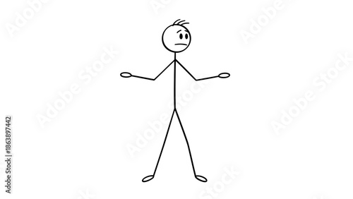 Confused Stick Figure Man Shrugging in Disagreement or Uncertainty on an Isolated White Background
