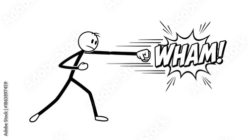 Determined Stick Figure Man Punching with Force and "WHAM!" Text on an Isolated White Background