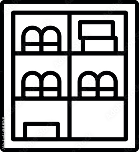 Refrigerator compartments storing food and drinks, outline icon of fridge, vector illustration