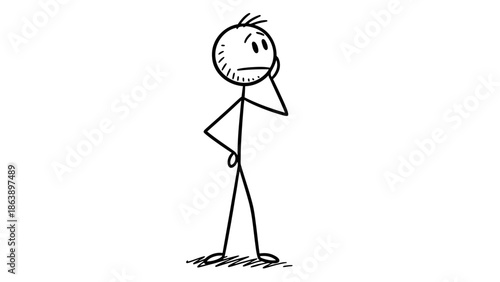 Thoughtful Stick Figure Man Contemplating with Hand on Chin on an Isolated White Background