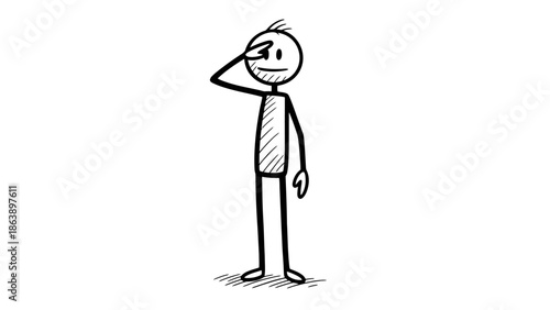 Respectful Cartoon Man Stick Figure Standing at Attention and Saluting Formally on Isolated White Background