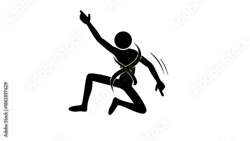 Dynamic Dark Stick Figure Cartoon Man Leaping Forward and Pointing Actively on Isolated White Background