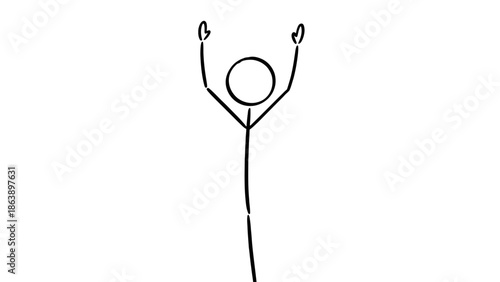 Happy Cartoon Man Standing with Both Arms Raised Up in Joyful Celebration on Isolated White Background
