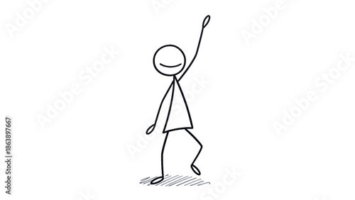 Happy Cartoon Man Waving Arm Up and Stepping Forward Cheerfully on Isolated White Background