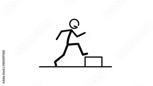 Determined Stick Figure Man Stepping Up and Climbing onto a Box, Overcoming an Obstacle on an Isolated White Background