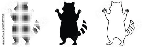 Playful raccoon illustration in silhouette and outline styles