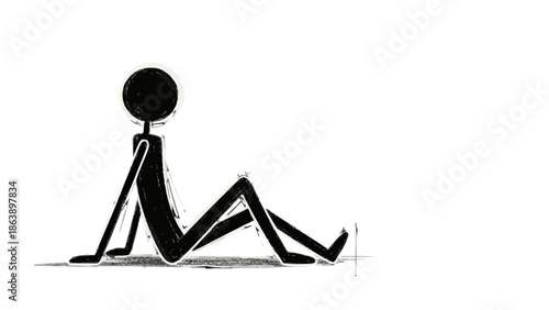 Relaxed Stick Figure Man Sitting and Resting on an Isolated White Background, Feeling Calm