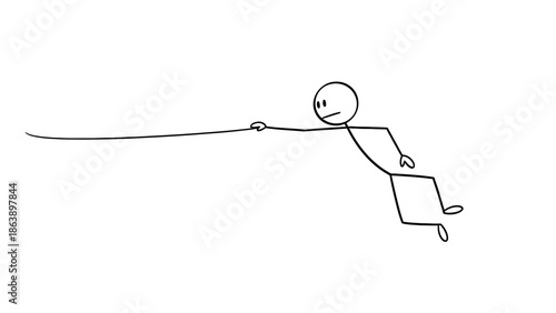 Stick Figure Struggling to Pull a Heavy Rope on Isolated White Background