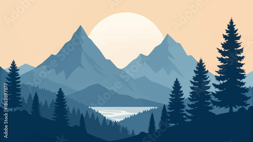 Serene mountain landscape with pine trees and full moon