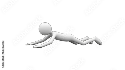 3D Rendered Character Lying Prone and Crawling Forward on Isolated White Background